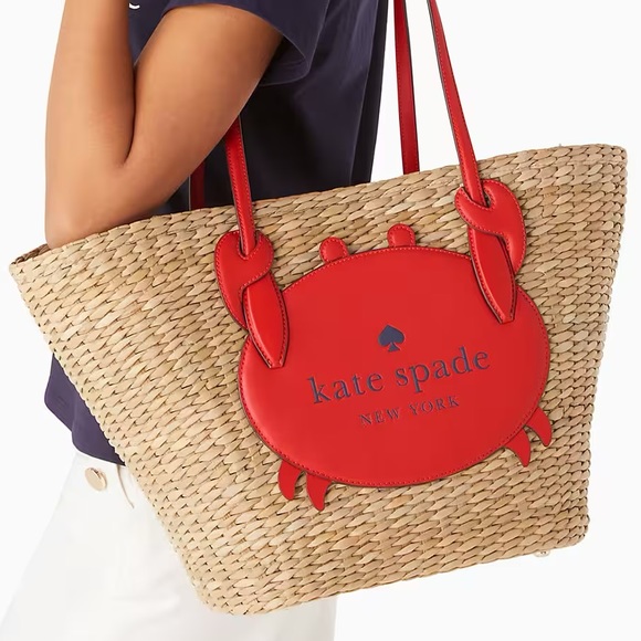 ♠️kate spade Pinch Me Crab Large Natural Straw Tote - Picture 2 of 14